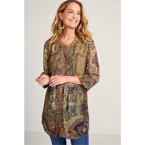 Soft Surroundings Medium Makara Tunic Top Brown Floral Tapestry Long Sleeves